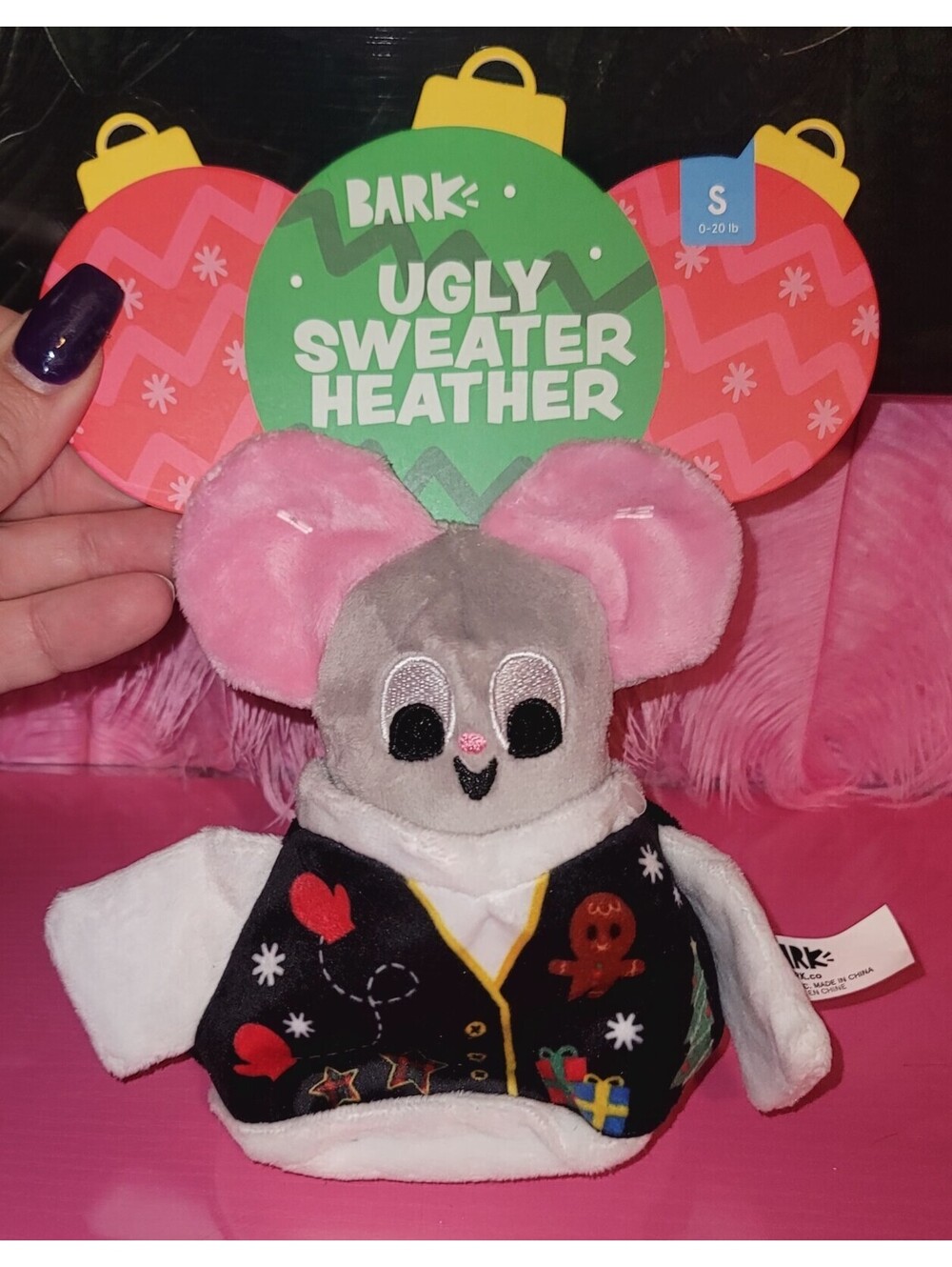 BARKBOX UGLY SWEATER HEATHER MOUSE DOG PET TOY SMALL NWT